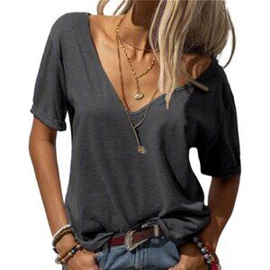 Women Fashion Deep V-Neck Short Sleeve Tops Solid Casual Loose Basic TShirt